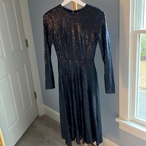 Navy sequin swing a-line dress, long sleeves!